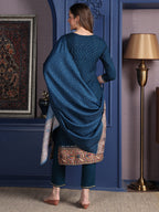 Hand Embroidered & Printed Kurta With Pant & Dupatta, Teal - Hiral Fashion - Distacart