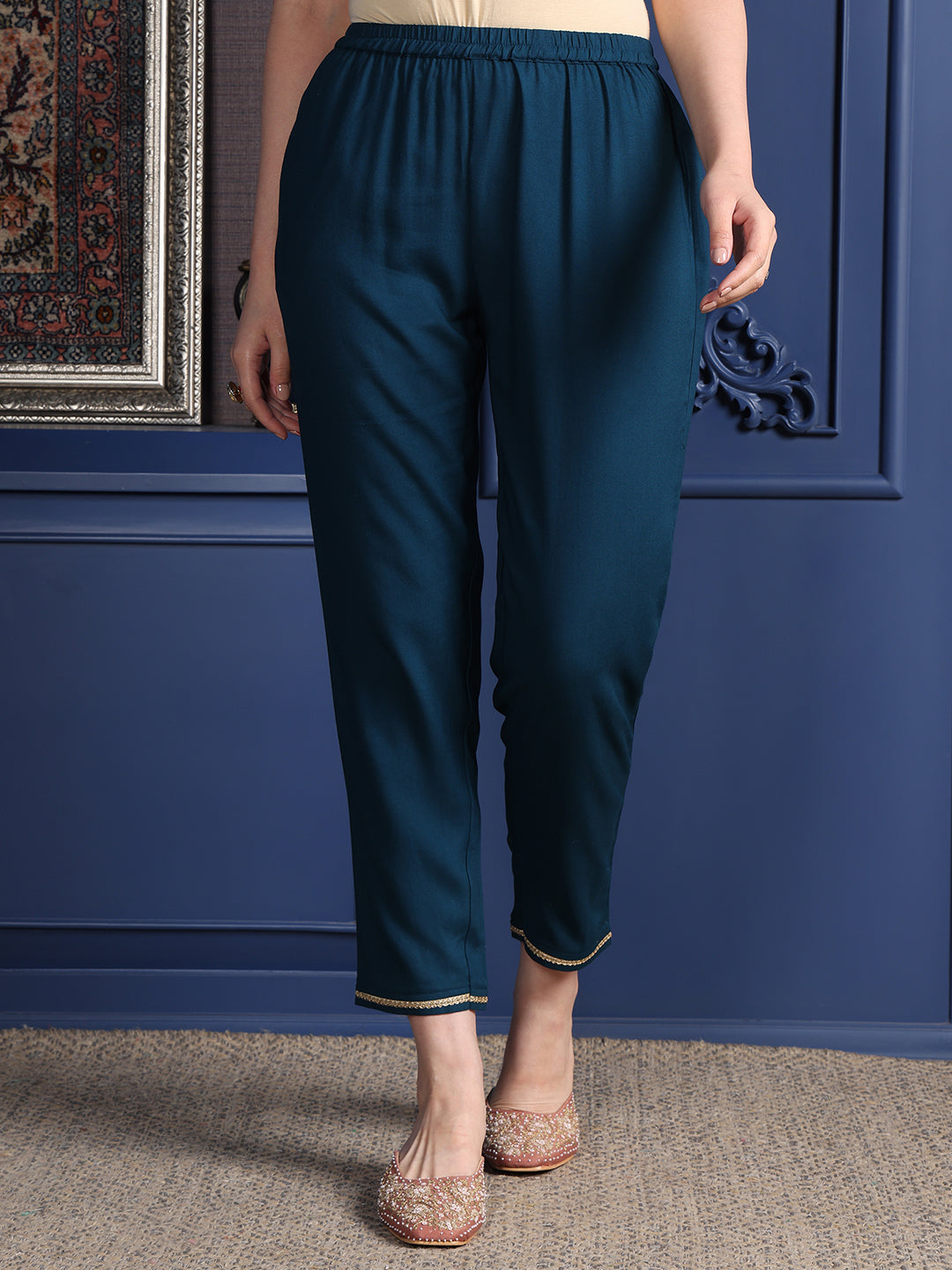 Hand Embroidered & Printed Kurta With Pant & Dupatta, Teal - Hiral Fashion - Distacart