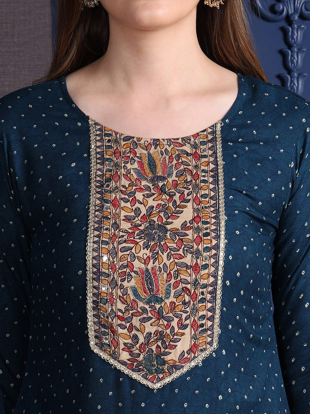 Hand Embroidered & Printed Kurta With Pant & Dupatta, Teal - Hiral Fashion - Distacart