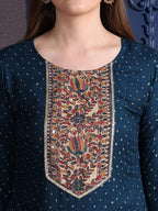 Hand Embroidered & Printed Kurta With Pant & Dupatta, Teal - Hiral Fashion - Distacart