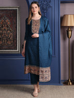 Hand Embroidered & Printed Kurta With Pant & Dupatta, Teal - Hiral Fashion - Distacart