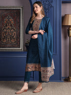 Hand Embroidered & Printed Kurta With Pant & Dupatta, Teal - Hiral Fashion - Distacart