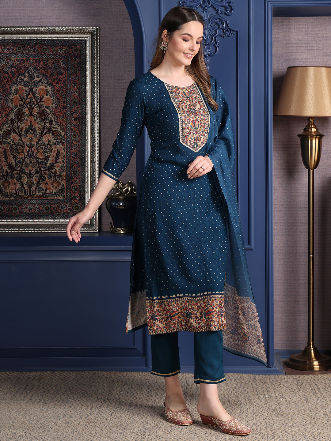 Hand Embroidered & Printed Kurta With Pant & Dupatta, Teal - Hiral Fashion - Distacart