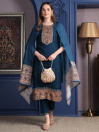 Hand Embroidered & Printed Kurta With Pant & Dupatta, Teal - Hiral Fashion - Distacart