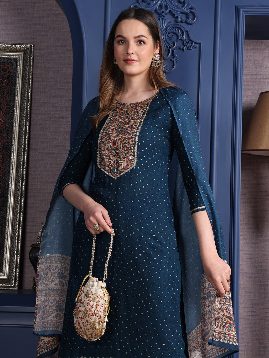 Hand Embroidered & Printed Kurta With Pant & Dupatta, Teal - Hiral Fashion - Distacart