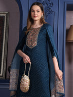 Hand Embroidered & Printed Kurta With Pant & Dupatta, Teal - Hiral Fashion - Distacart