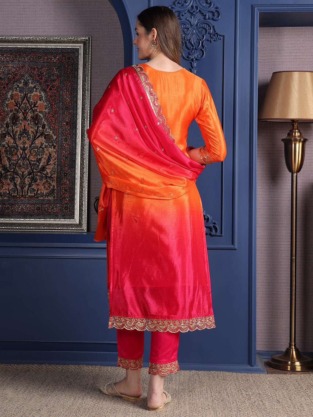 Embroidered Two Toned Kurta With Pant & Embroidered Dupatta, Orange - Hiral Fashion - Distacart