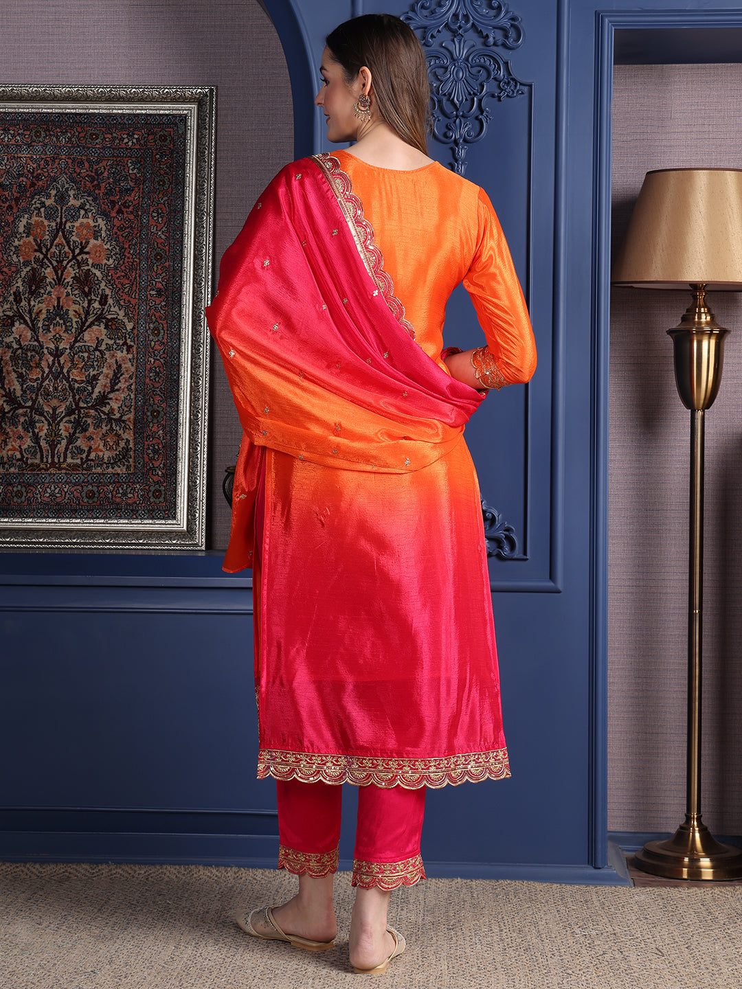 Embroidered Two Toned Kurta With Pant & Embroidered Dupatta, Orange - Hiral Fashion - Distacart