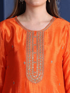 Embroidered Two Toned Kurta With Pant & Embroidered Dupatta, Orange - Hiral Fashion - Distacart