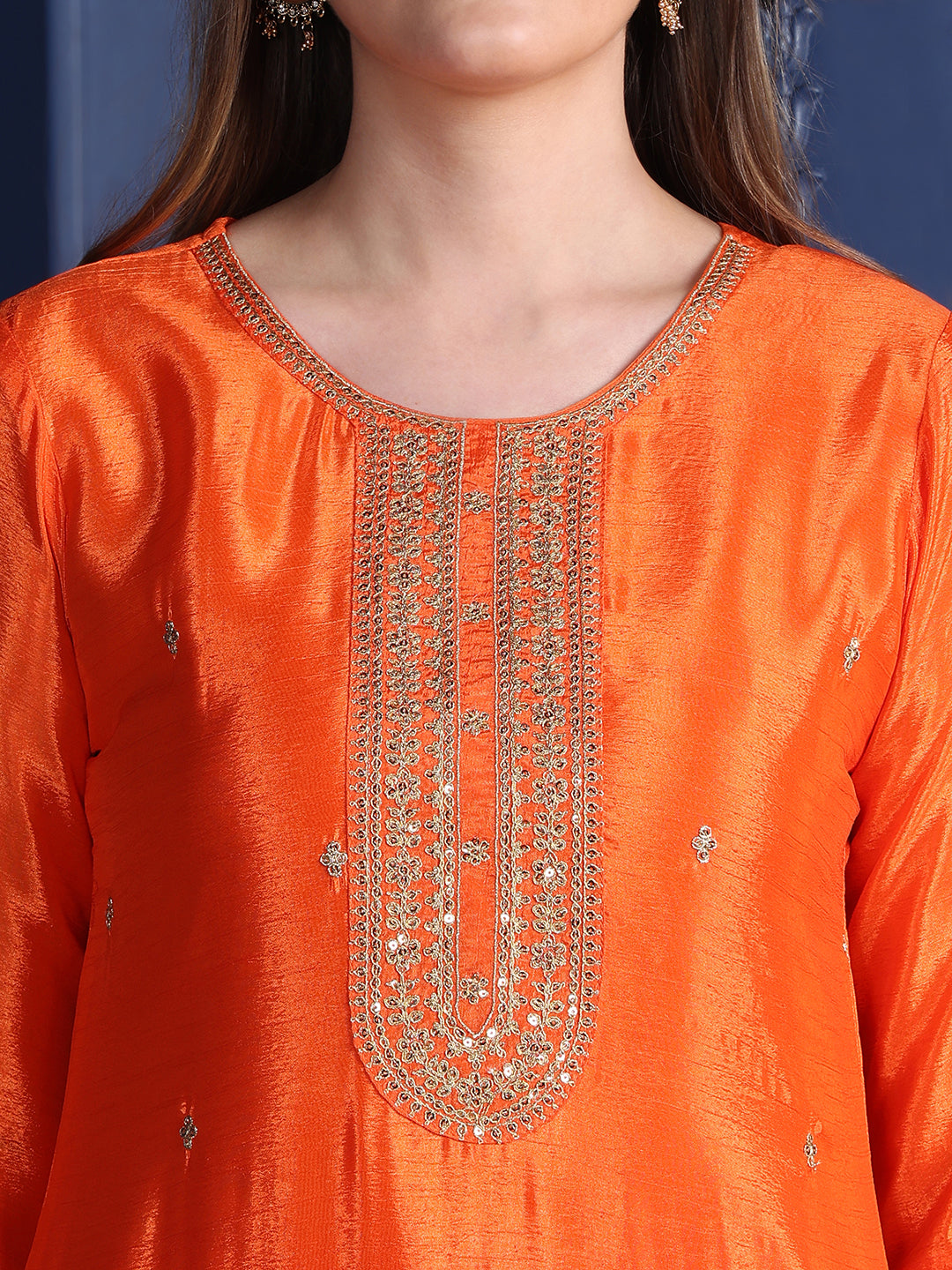 Embroidered Two Toned Kurta With Pant & Embroidered Dupatta, Orange - Hiral Fashion - Distacart