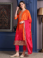 Embroidered Two Toned Kurta With Pant & Embroidered Dupatta, Orange - Hiral Fashion - Distacart