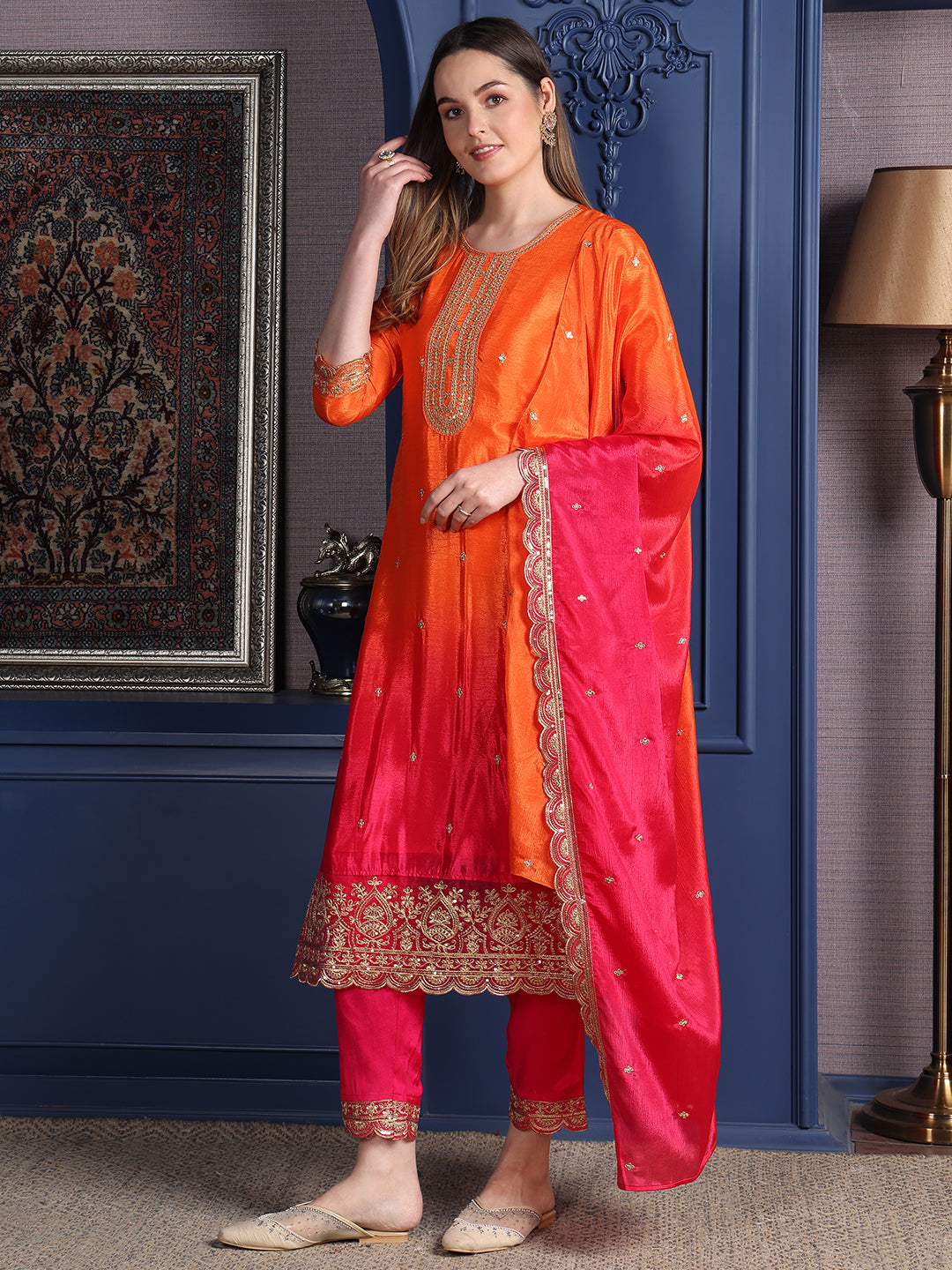 Embroidered Two Toned Kurta With Pant & Embroidered Dupatta, Orange - Hiral Fashion - Distacart