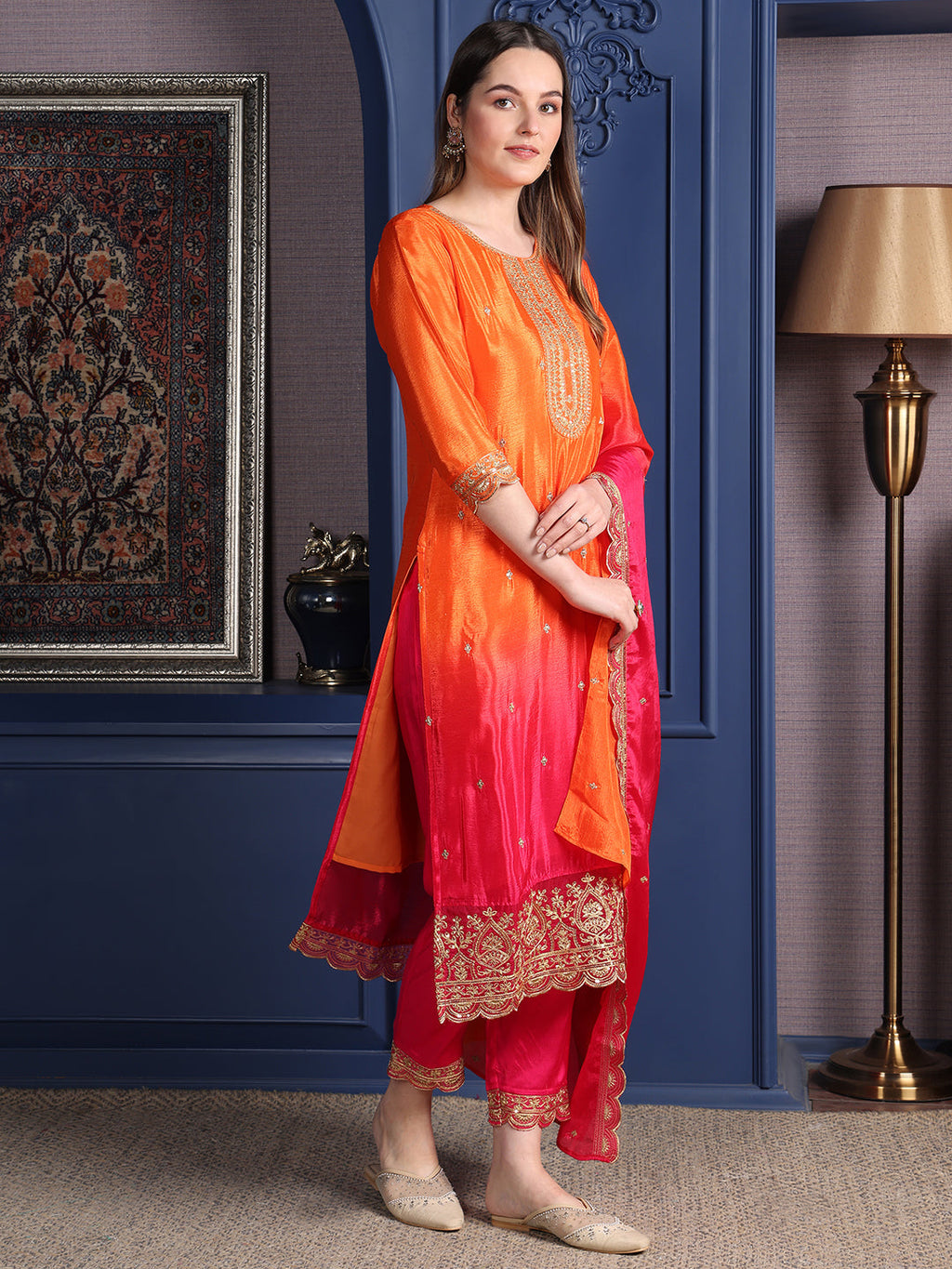 Embroidered Two Toned Kurta With Pant & Embroidered Dupatta, Orange - Hiral Fashion - Distacart