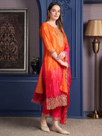 Embroidered Two Toned Kurta With Pant & Embroidered Dupatta, Orange - Hiral Fashion - Distacart
