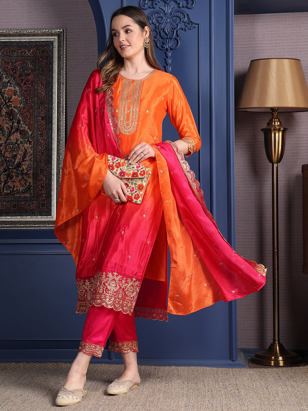 Embroidered Two Toned Kurta With Pant & Embroidered Dupatta, Orange - Hiral Fashion - Distacart