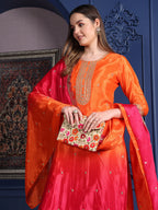 Embroidered Two Toned Kurta With Pant & Embroidered Dupatta, Orange - Hiral Fashion - Distacart