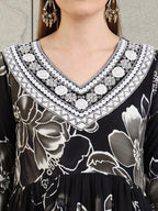 Embroidered & Floral Printed Flared A-Line Kurta With Pant & Dupatta, Black - Hiral Fashion - Distacart