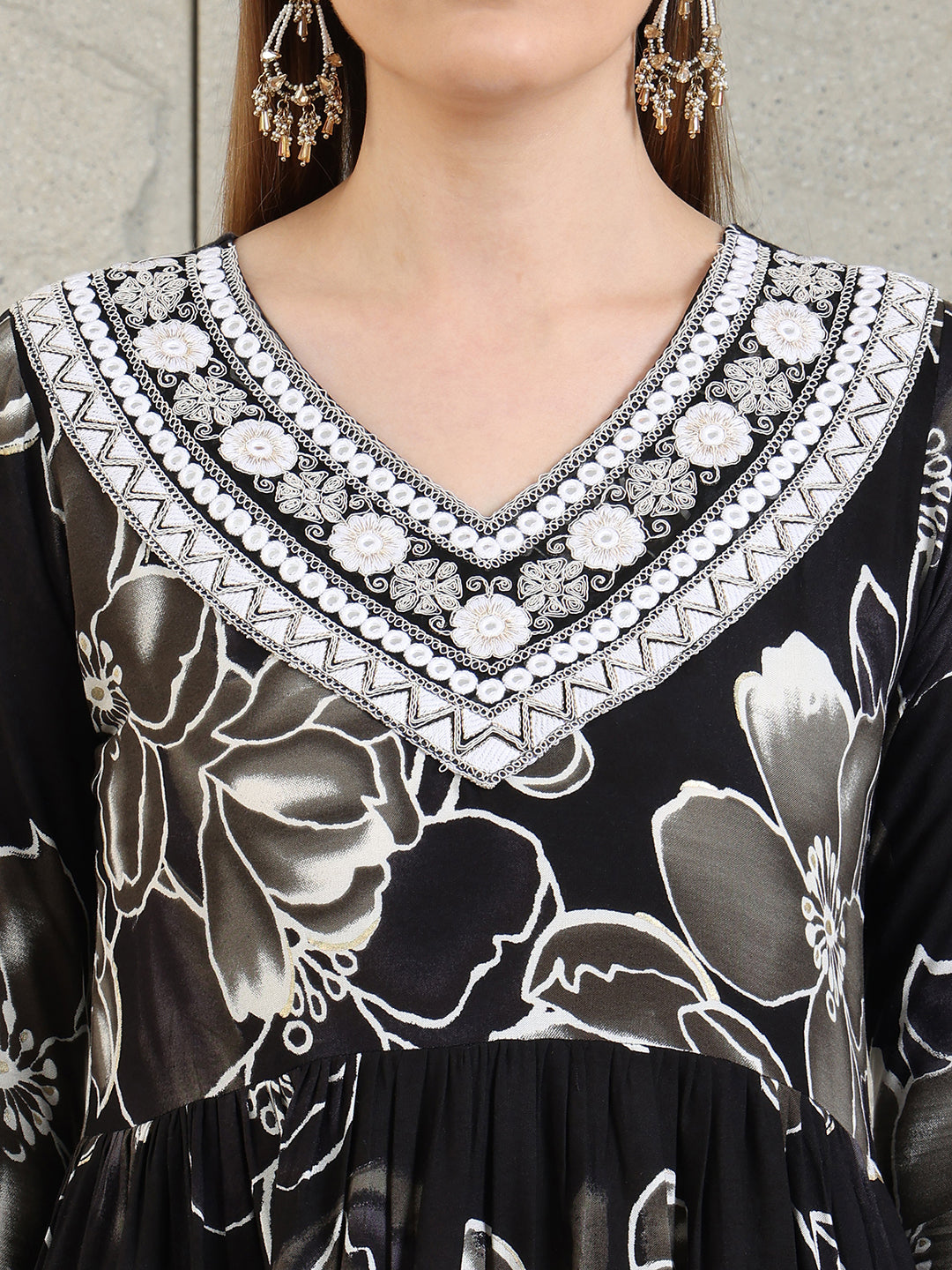 Embroidered & Floral Printed Flared A-Line Kurta With Pant & Dupatta, Black - Hiral Fashion - Distacart