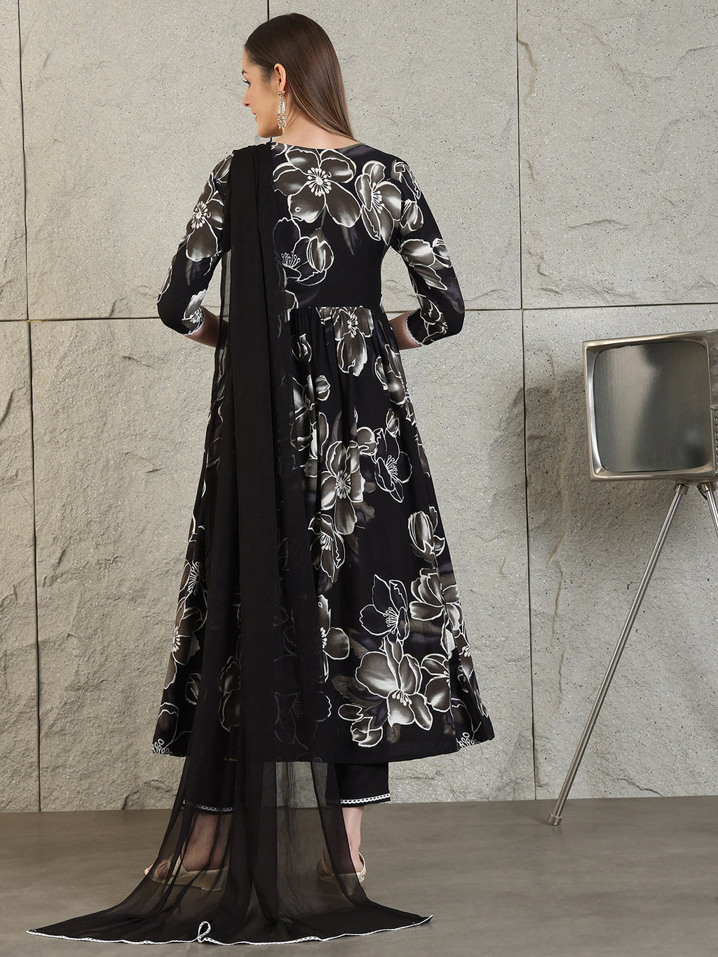 Embroidered & Floral Printed Flared A-Line Kurta With Pant & Dupatta, Black - Hiral Fashion - Distacart