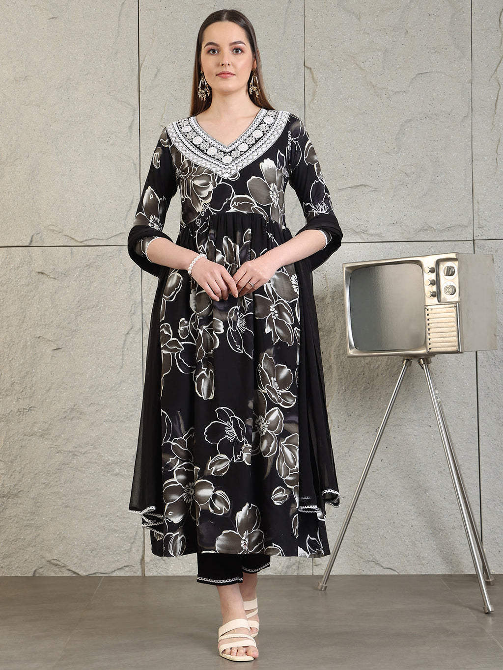 Embroidered & Floral Printed Flared A-Line Kurta With Pant & Dupatta, Black - Hiral Fashion - Distacart