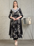 Embroidered & Floral Printed Flared A-Line Kurta With Pant & Dupatta, Black - Hiral Fashion - Distacart