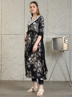 Embroidered & Floral Printed Flared A-Line Kurta With Pant & Dupatta, Black - Hiral Fashion - Distacart