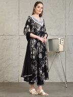 Embroidered & Floral Printed Flared A-Line Kurta With Pant & Dupatta, Black - Hiral Fashion - Distacart