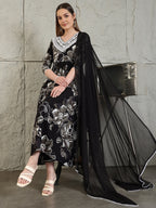 Embroidered & Floral Printed Flared A-Line Kurta With Pant & Dupatta, Black - Hiral Fashion - Distacart