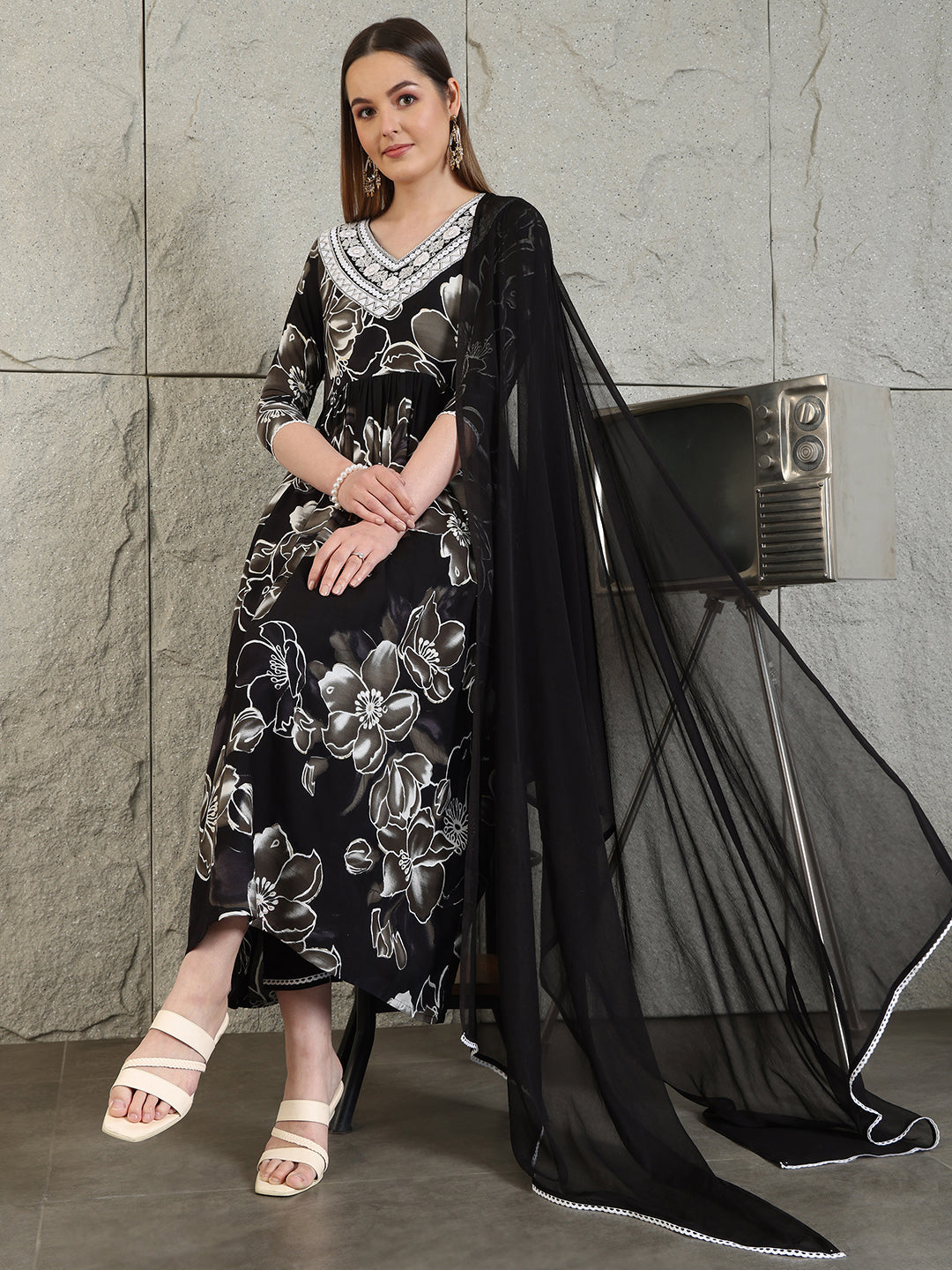 Embroidered & Floral Printed Flared A-Line Kurta With Pant & Dupatta, Black - Hiral Fashion - Distacart