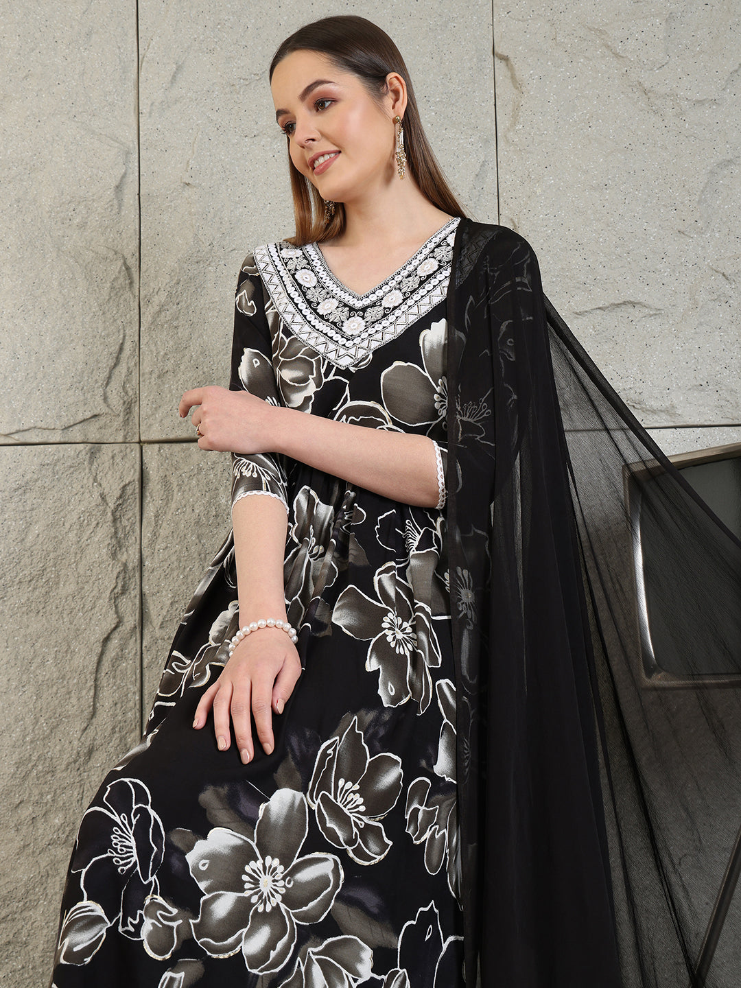 Embroidered & Floral Printed Flared A-Line Kurta With Pant & Dupatta, Black - Hiral Fashion - Distacart