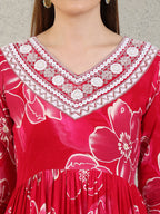 Embroidered & Floral Printed Flared A-Line Kurta With Pant & Dupatta, Pink - Hiral Fashion - Distacart
