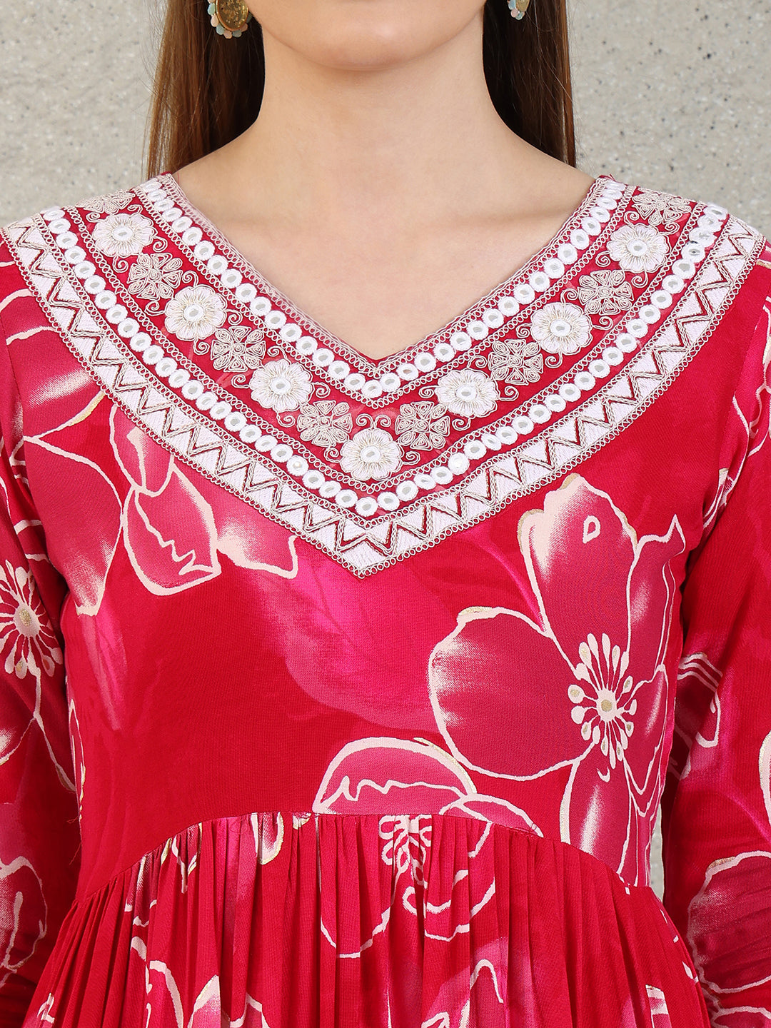 Embroidered & Floral Printed Flared A-Line Kurta With Pant & Dupatta, Pink - Hiral Fashion - Distacart