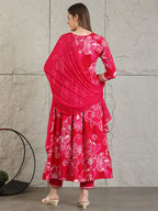 Embroidered & Floral Printed Flared A-Line Kurta With Pant & Dupatta, Pink - Hiral Fashion - Distacart