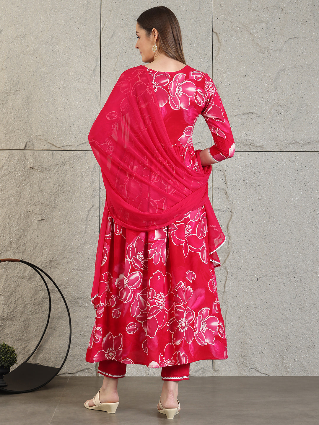 Embroidered & Floral Printed Flared A-Line Kurta With Pant & Dupatta, Pink - Hiral Fashion - Distacart