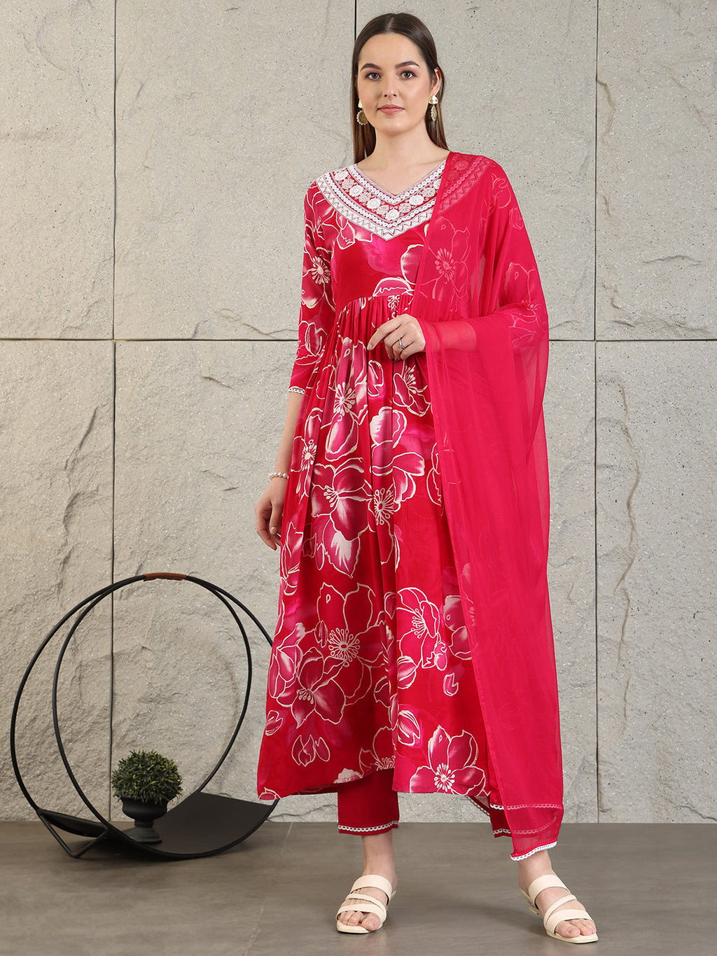 Embroidered & Floral Printed Flared A-Line Kurta With Pant & Dupatta, Pink - Hiral Fashion - Distacart