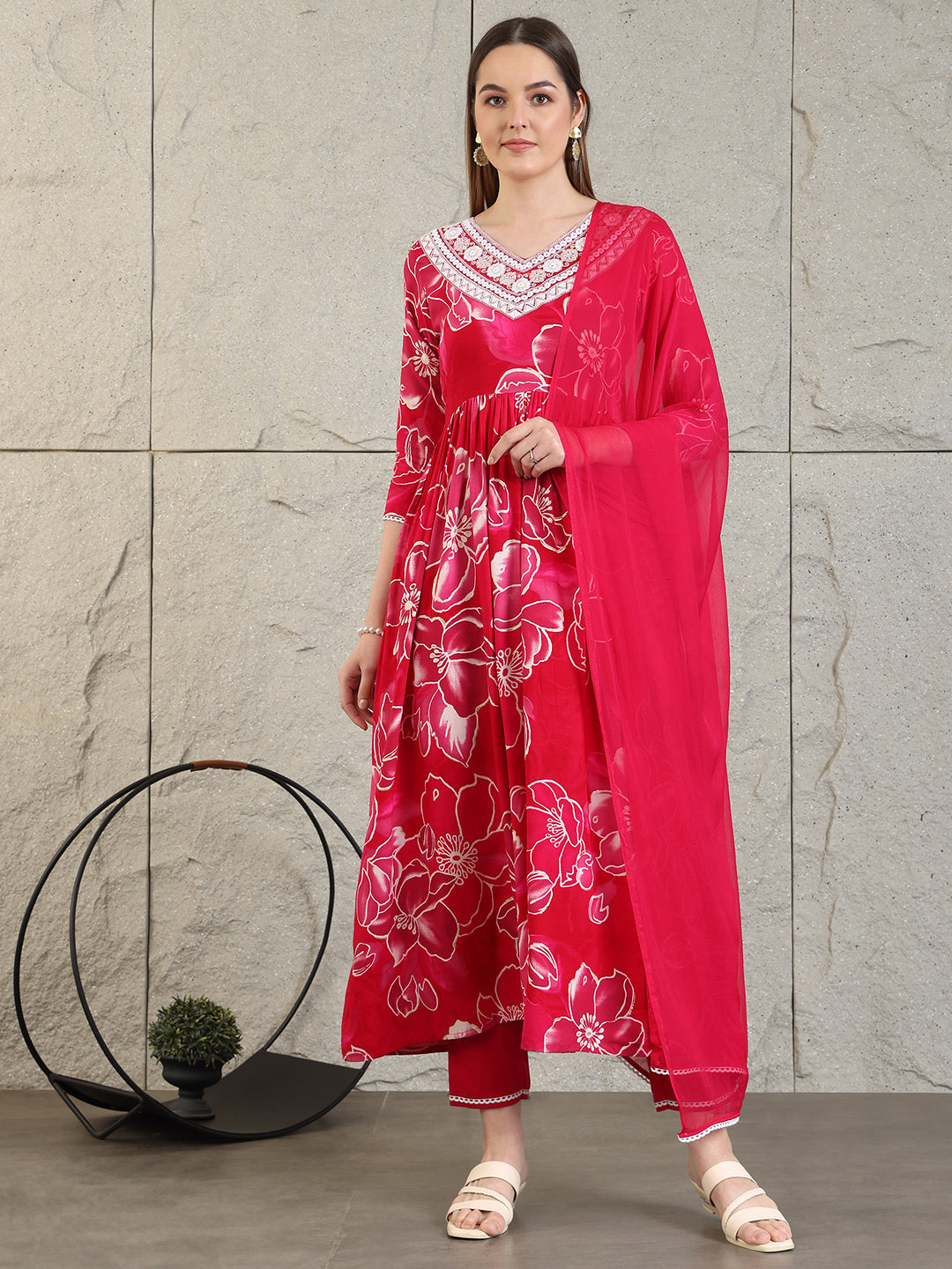 Embroidered & Floral Printed Flared A-Line Kurta With Pant & Dupatta, Pink - Hiral Fashion - Distacart