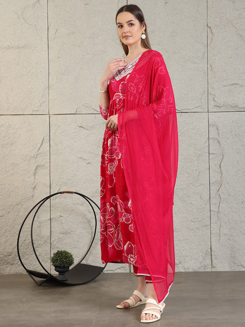 Embroidered & Floral Printed Flared A-Line Kurta With Pant & Dupatta, Pink - Hiral Fashion - Distacart