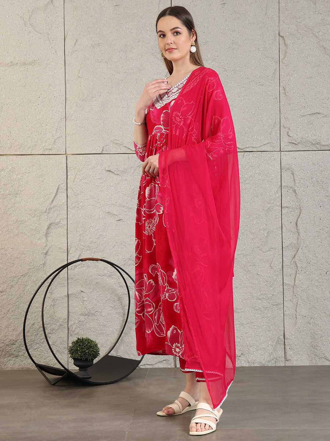 Embroidered & Floral Printed Flared A-Line Kurta With Pant & Dupatta, Pink - Hiral Fashion - Distacart