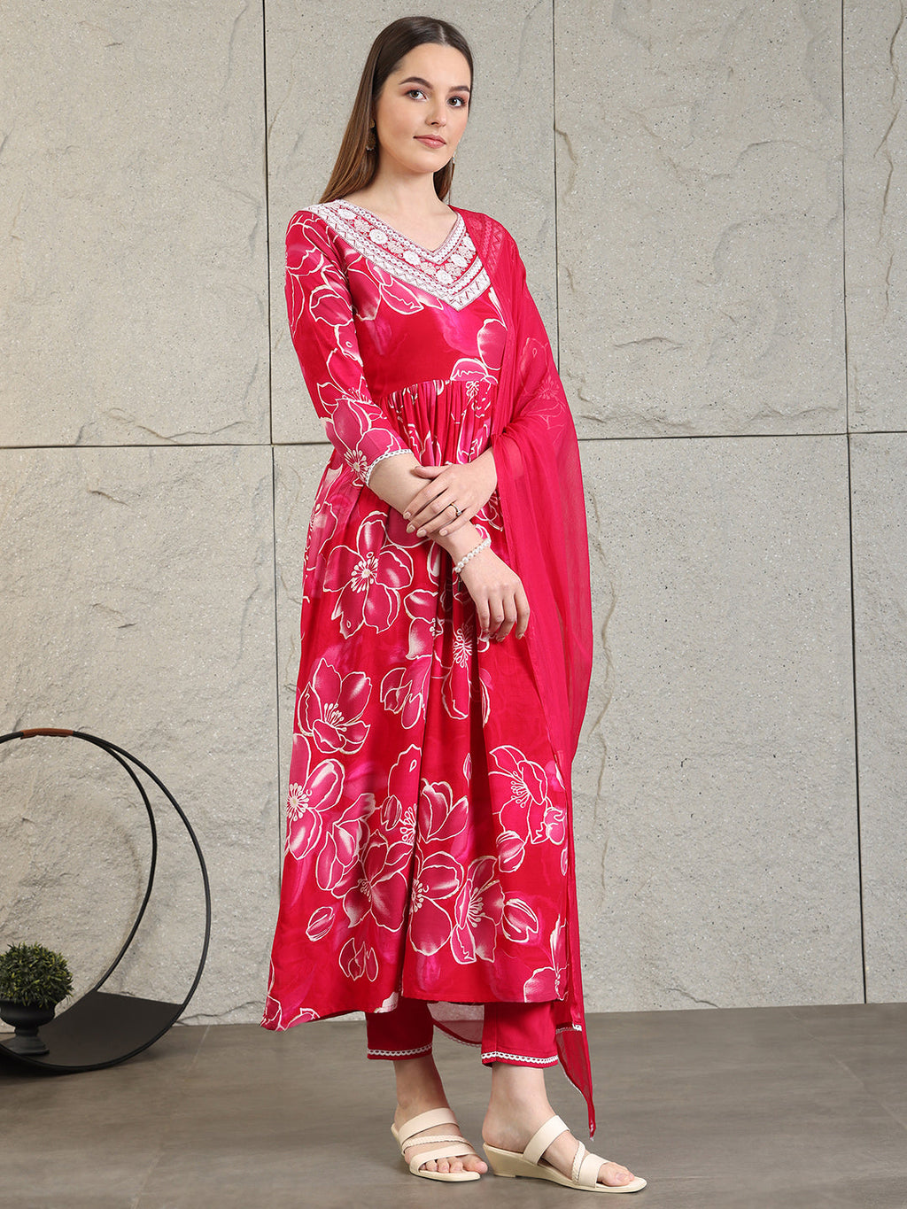 Embroidered & Floral Printed Flared A-Line Kurta With Pant & Dupatta, Pink - Hiral Fashion - Distacart