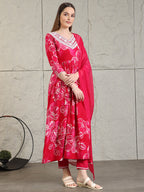 Embroidered & Floral Printed Flared A-Line Kurta With Pant & Dupatta, Pink - Hiral Fashion - Distacart