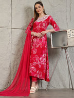 Embroidered & Floral Printed Flared A-Line Kurta With Pant & Dupatta, Pink - Hiral Fashion - Distacart