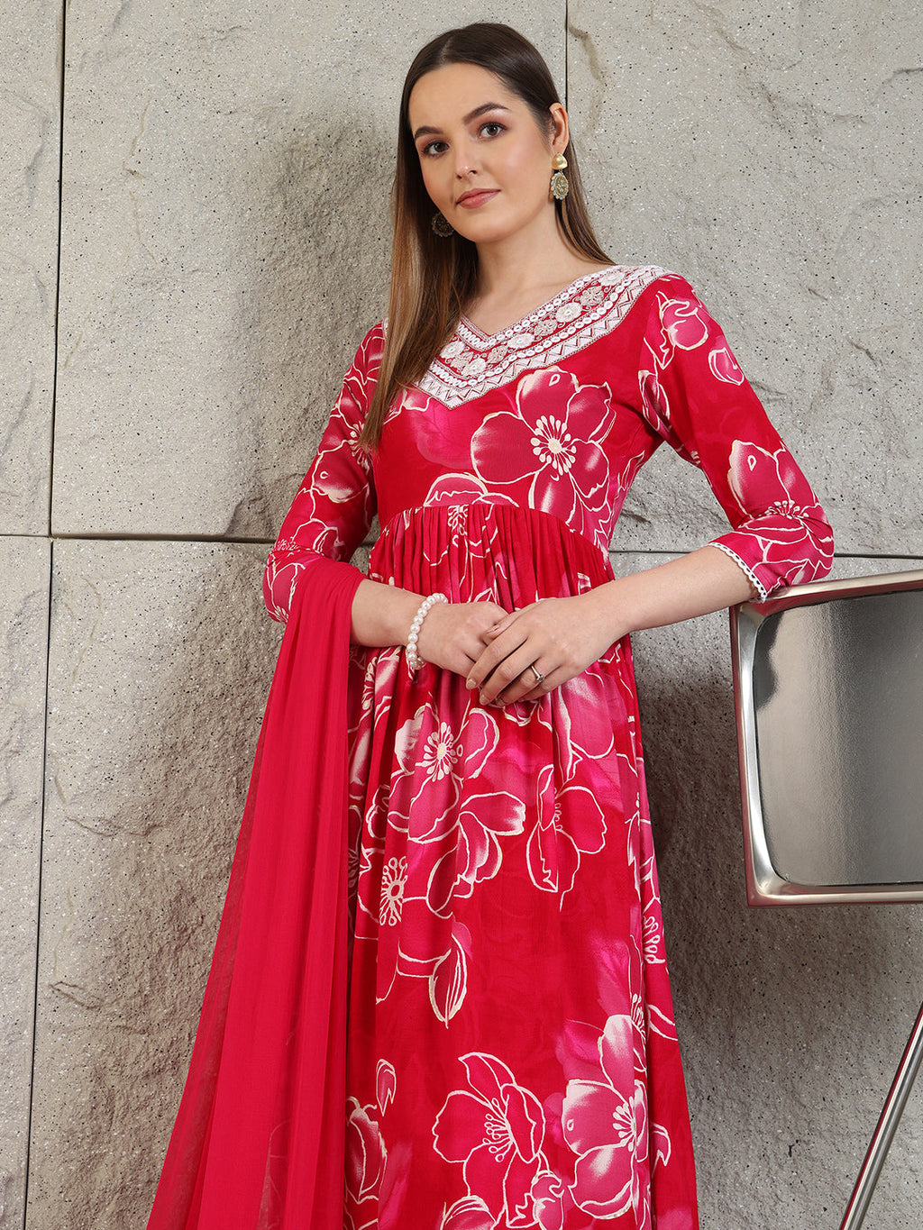 Embroidered & Floral Printed Flared A-Line Kurta With Pant & Dupatta, Pink - Hiral Fashion - Distacart