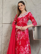 Embroidered & Floral Printed Flared A-Line Kurta With Pant & Dupatta, Pink - Hiral Fashion - Distacart
