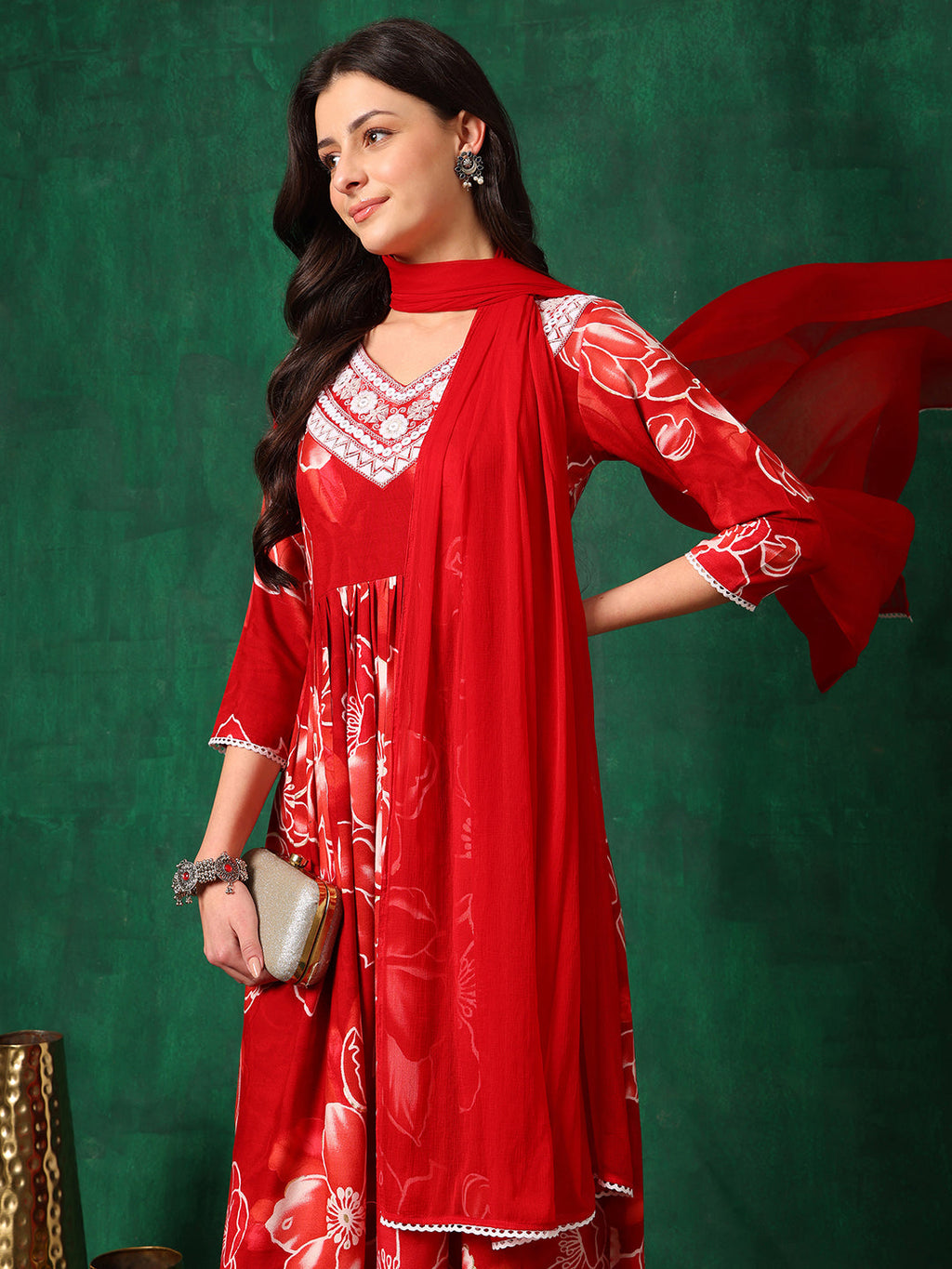 Embroidered & Floral Printed Flared A-Line Kurta With Pant & Dupatta, Red - Hiral Fashion - Distacart