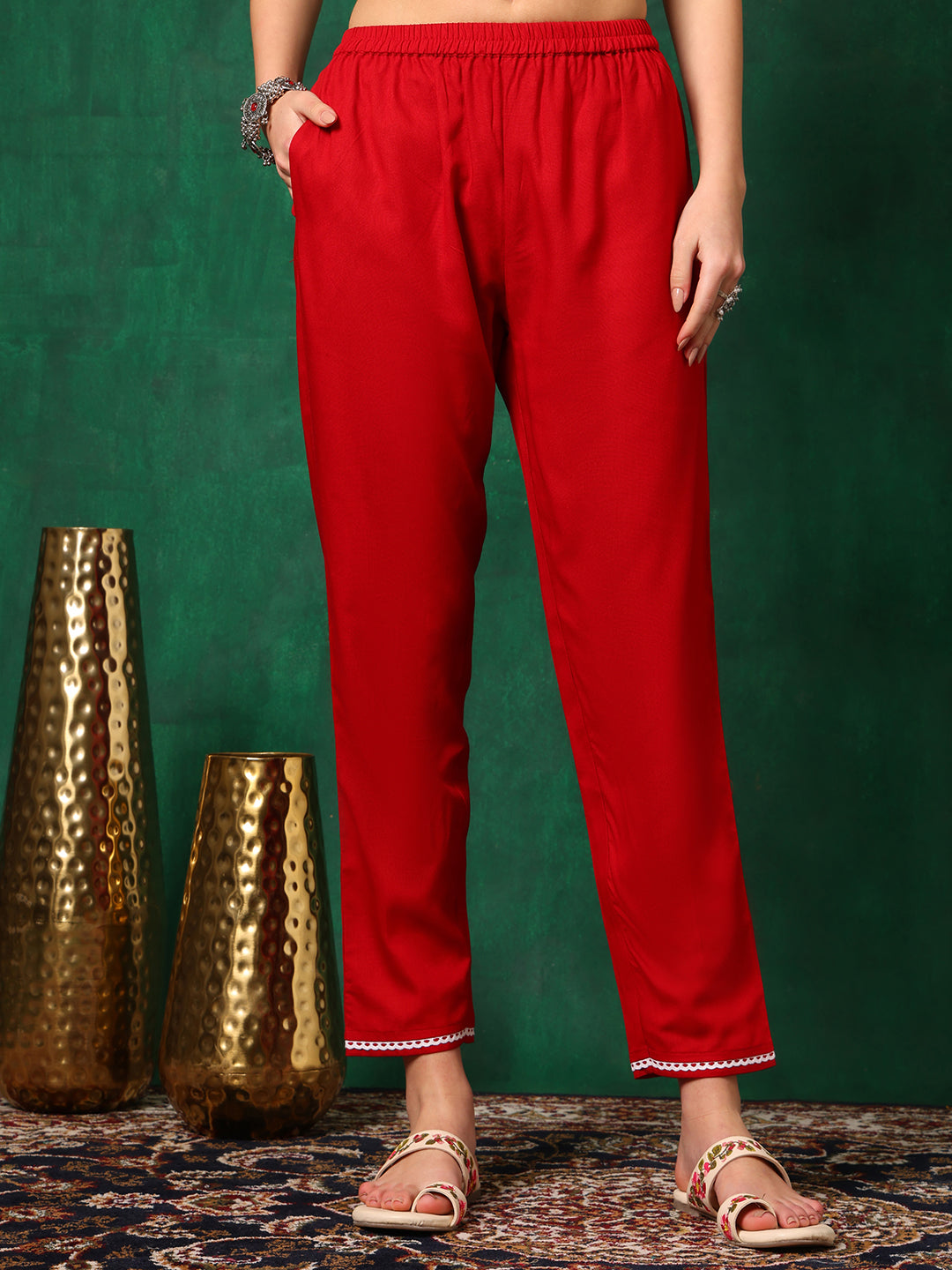 Embroidered & Floral Printed Flared A-Line Kurta With Pant & Dupatta, Red - Hiral Fashion - Distacart