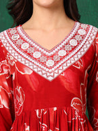 Embroidered & Floral Printed Flared A-Line Kurta With Pant & Dupatta, Red - Hiral Fashion - Distacart