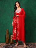 Embroidered & Floral Printed Flared A-Line Kurta With Pant & Dupatta, Red - Hiral Fashion - Distacart