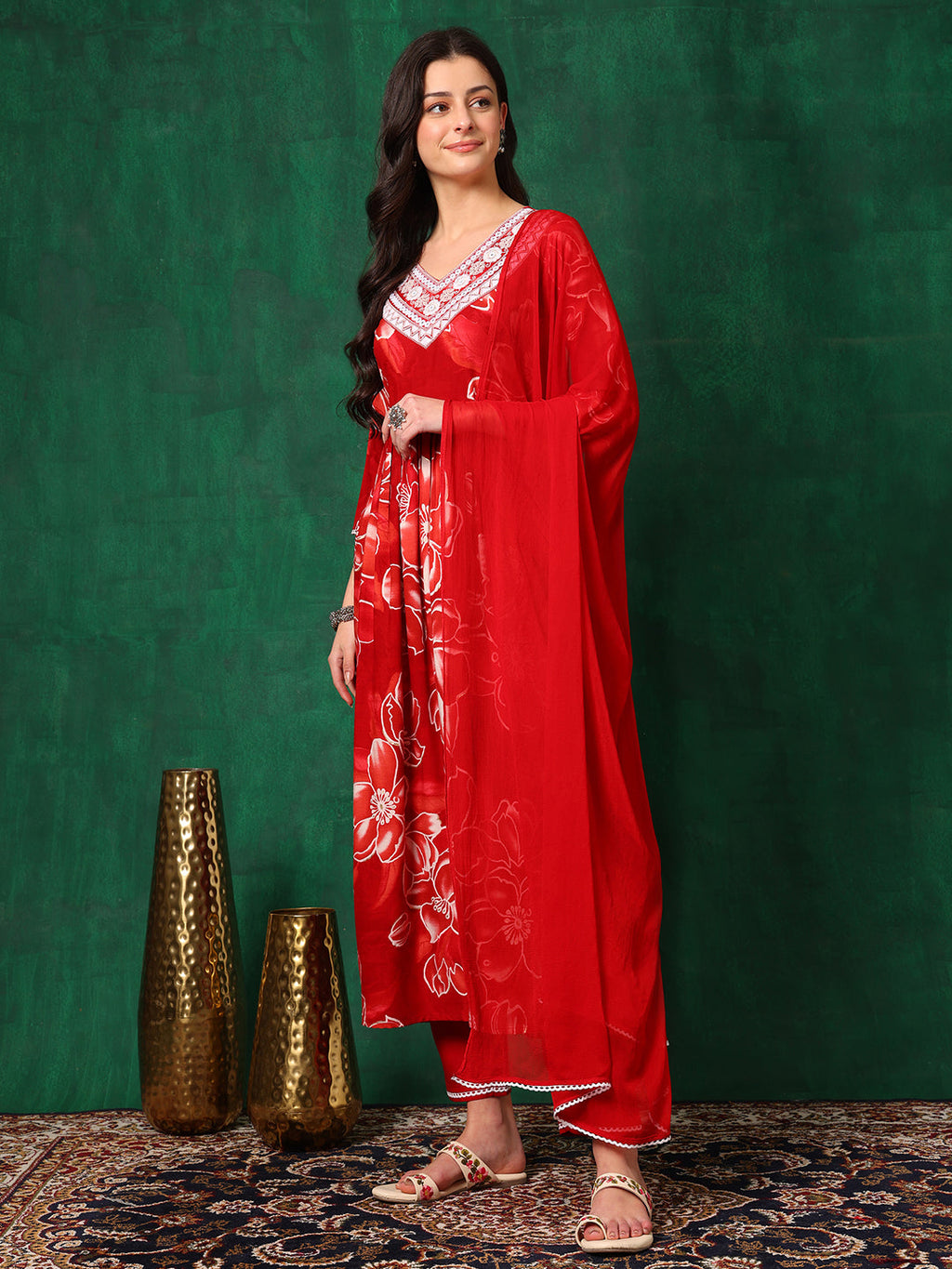 Embroidered & Floral Printed Flared A-Line Kurta With Pant & Dupatta, Red - Hiral Fashion - Distacart