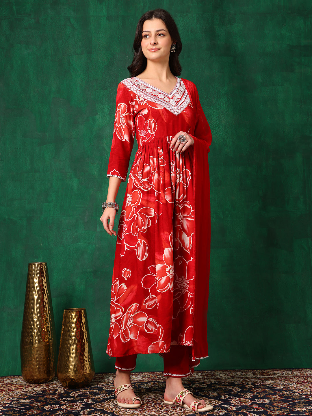 Embroidered & Floral Printed Flared A-Line Kurta With Pant & Dupatta, Red - Hiral Fashion - Distacart