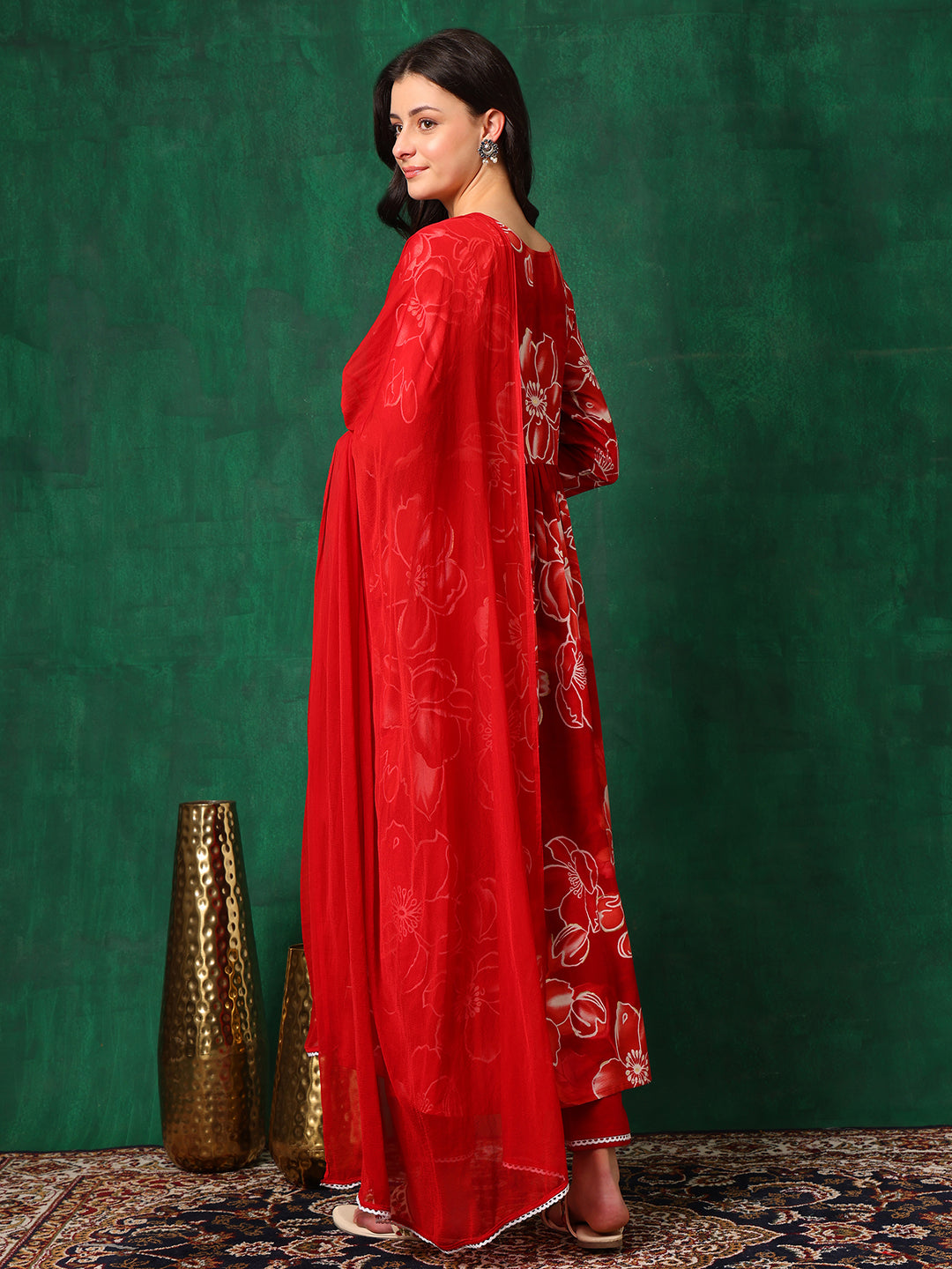 Embroidered & Floral Printed Flared A-Line Kurta With Pant & Dupatta, Red - Hiral Fashion - Distacart